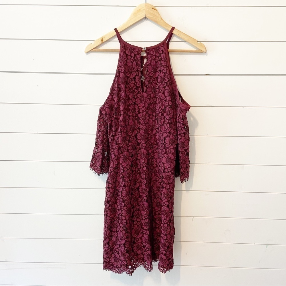 Skies are Blue | Lace Cold Shoulder Dress size Medium, M, Wine/Burgundy color. - Picture 2 of 13